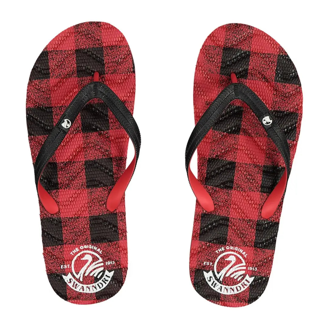 Red and black plaid flip-flop sandals, perfect for country clothing lovers outdoors