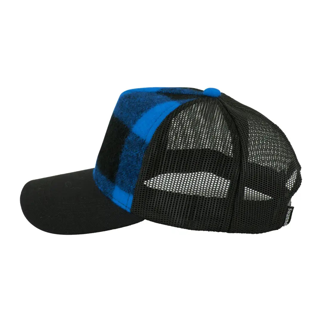 Trucker cap with blue plaid front and black mesh back for stylish country clothing