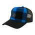 Blue and black plaid trucker hat with mesh back, perfect for country clothing or hunting