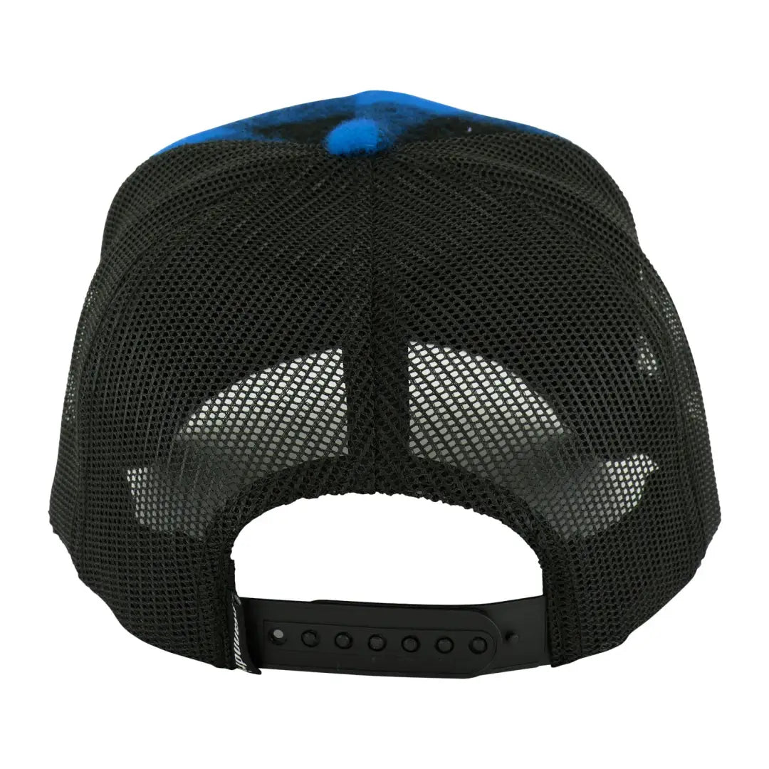 Mesh-backed baseball cap with blue front and black rear for country clothing and hunting