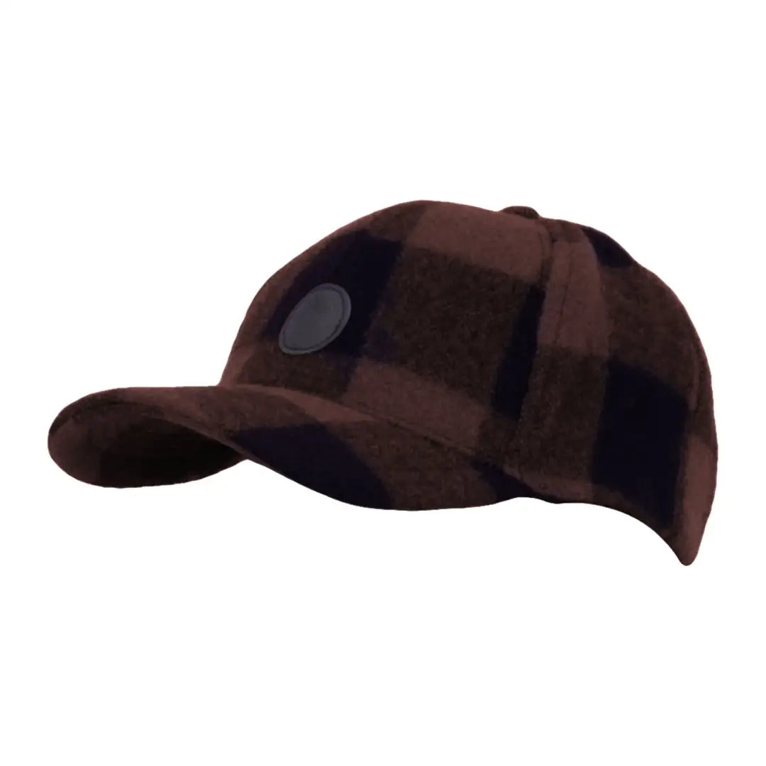 Brown plaid Swanni Wool Baseball Cap featuring a dark logo on the side