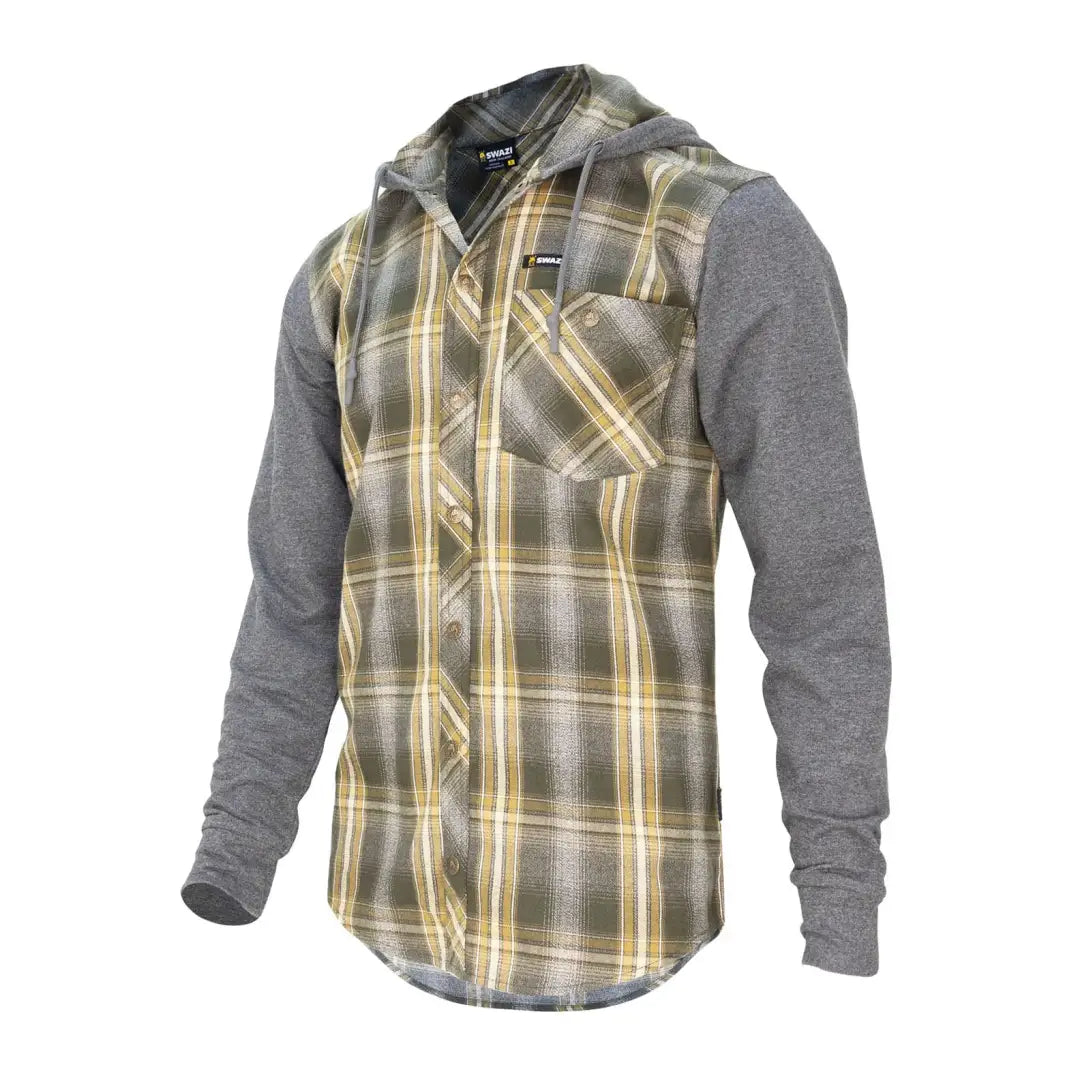 Plaid flannel Swazi Apprentice Hooded Shirt with gray sleeves and a cozy hood