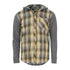 Plaid flannel Swazi Apprentice Hooded Shirt with gray hoodie sleeves and pocket