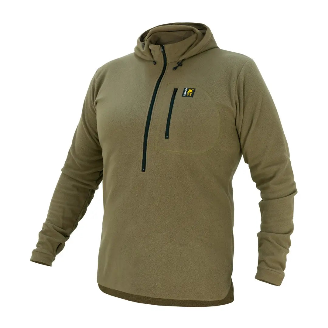 Olive green Swazi Brocco Shirt with a hood, quarter-zip, and logo patch