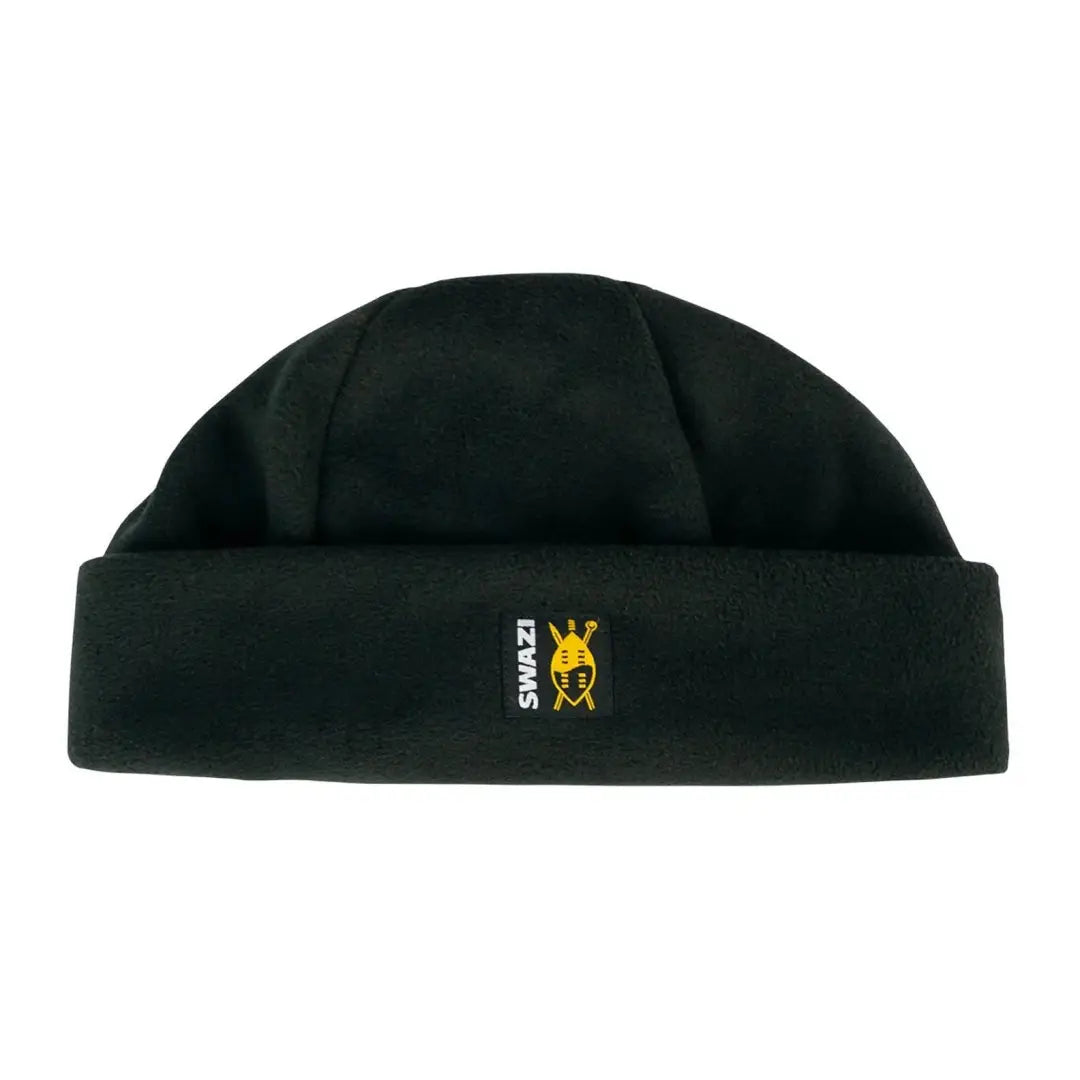 Black fleece beanie hat with yellow logo for country clothing and outdoor hunting