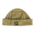 Tan fleece beanie hat with logo patch for country clothing lovers and hunting enthusiasts