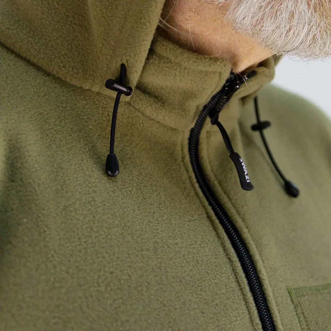 Olive green Swazi The Hood fleece jacket with hood, chest pocket offers, and high collar