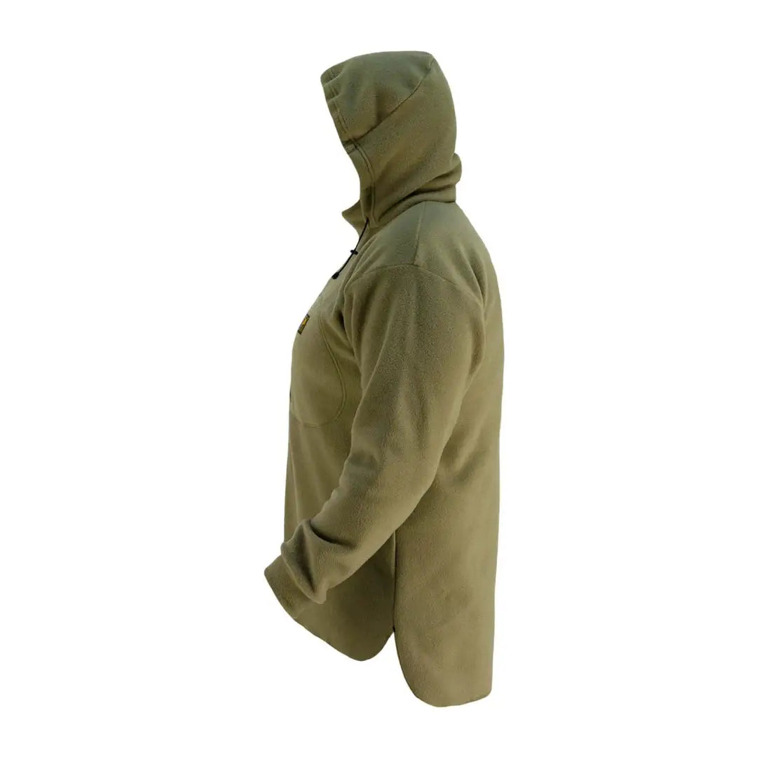 Olive green Swazi The Hood sweatshirt with fleece hood and side view of chest pocket offers