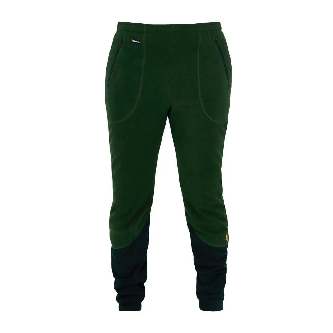 Swazi Huttie Pants in dark green with black cuffs, made of heavier microfleece material