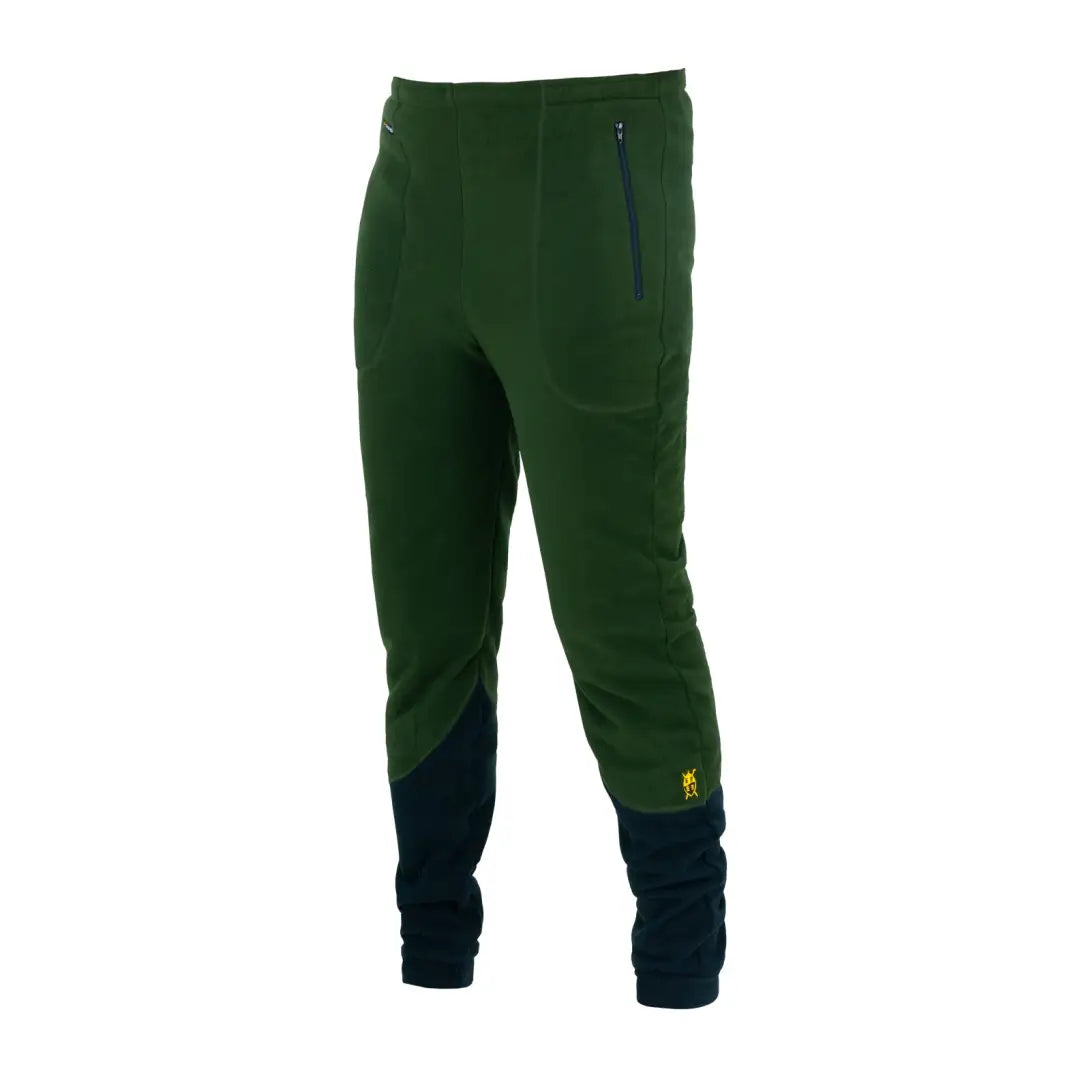 Dark green Swazi Huttie Pants in heavier microfleece with navy and yellow logo detail