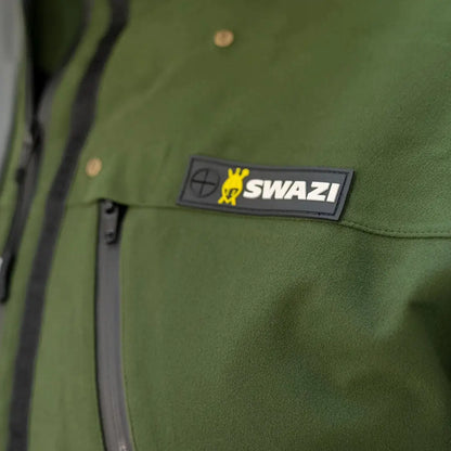 Olive green Swazi Kagoule with a logo patch, made from 3-layer Aegis knit fabric