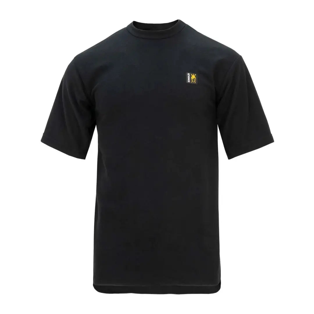 Black t-shirt featuring a small yellow logo, perfect for Swazi Micro country clothing