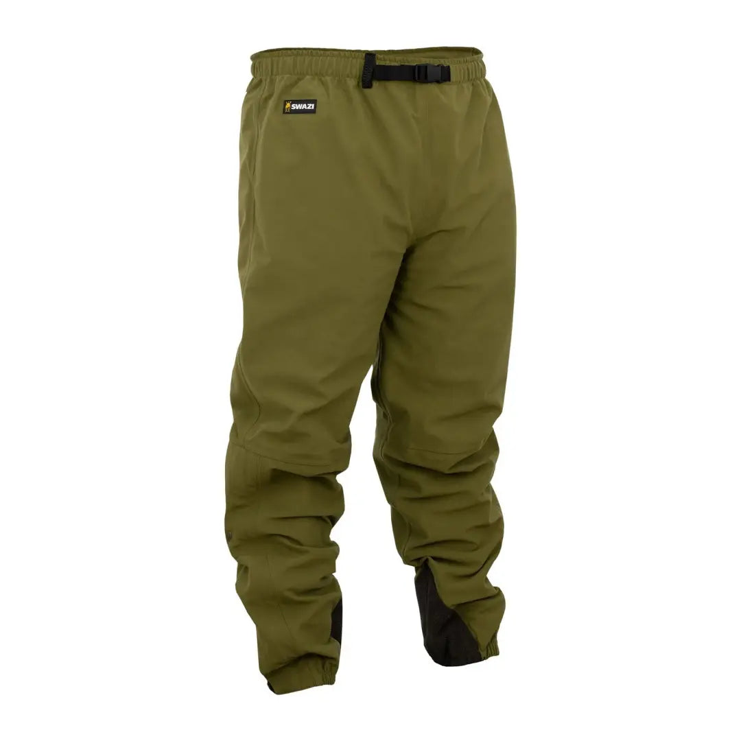 Olive green Swazi Overpants with reinforced knees in soft quiet aegis fabric