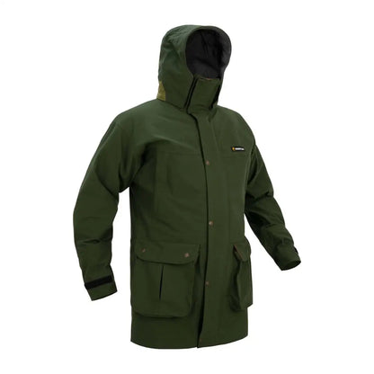 Green hooded Swazi Wapiti XP Jacket, perfect high-performance rain wear for outdoor lovers