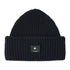 Black knit Tilley Alpine Beanie with logo patch, made from soft merino wool