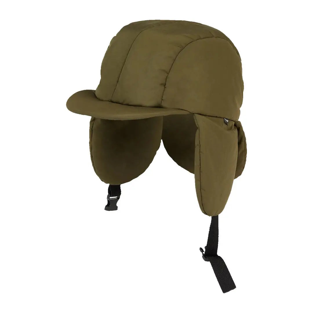 Olive green Tilley Arctic Aviator Hat with ear flaps and chin straps, perfect for winter