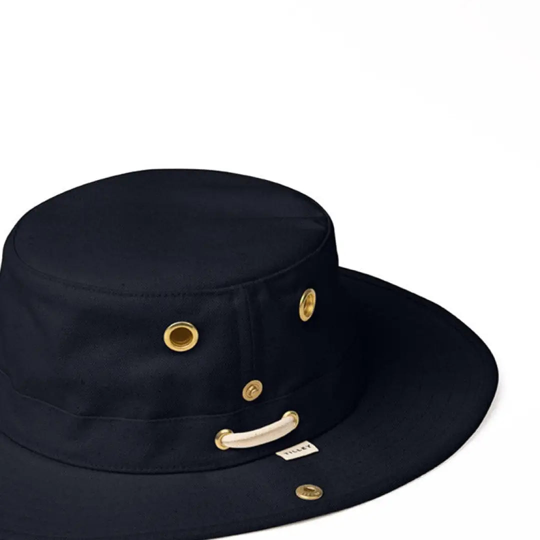 Stylish Black Wide-Brimmed Tilley Classic T3 Cotton Duck Hat with Gold Accents