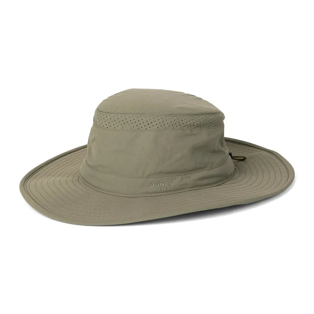 Wide-brimmed khaki Tilley Dunes Drifter Hat with ventilation and chin strap