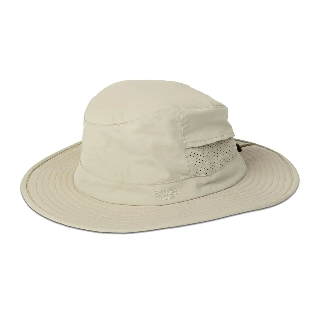 Wide-brimmed beige Tilley Dunes Explorer Hat with mesh ventilation for ultimate comfort