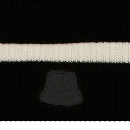 Close-up of Tilley Hydrowool Rib Beanie featuring black and white stripes, perfect for outdoors