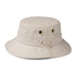 Beige bucket hat with grommets and chin strap, Tilley Iconic T1, durable water repellent