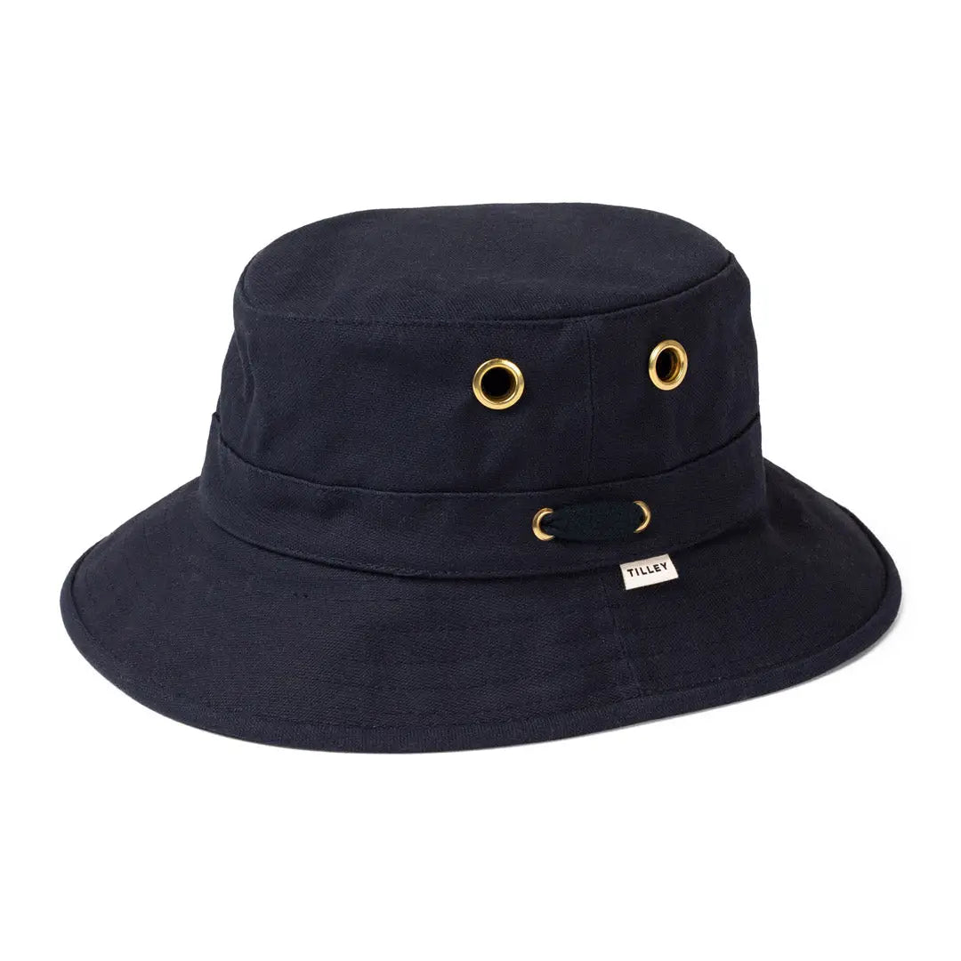 Navy blue bucket hat with brass eyelets from Tilley, the iconic T1 Bucket Hat