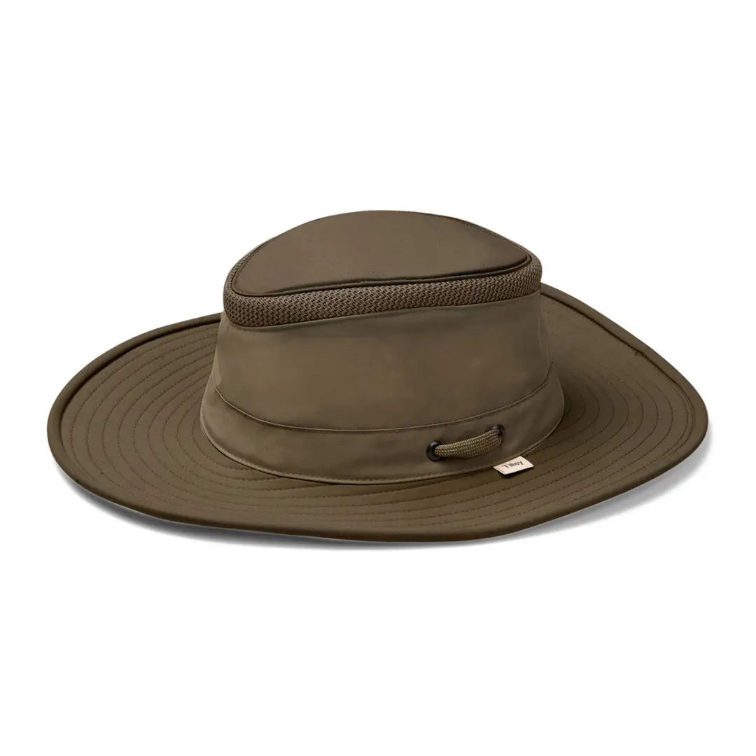 Wide-brimmed olive green Tilley LTM6 Airflo Hat with mesh panel and adjustable band