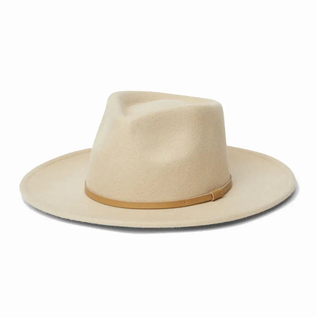 Cream-colored wide-brimmed Tilley New Jasper Hat with tan band, perfect for country clothing