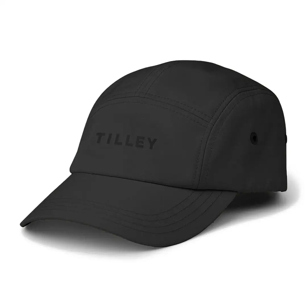 Black five-panel cap with TILLEY text perfect for country clothing, hunting, and outdoors