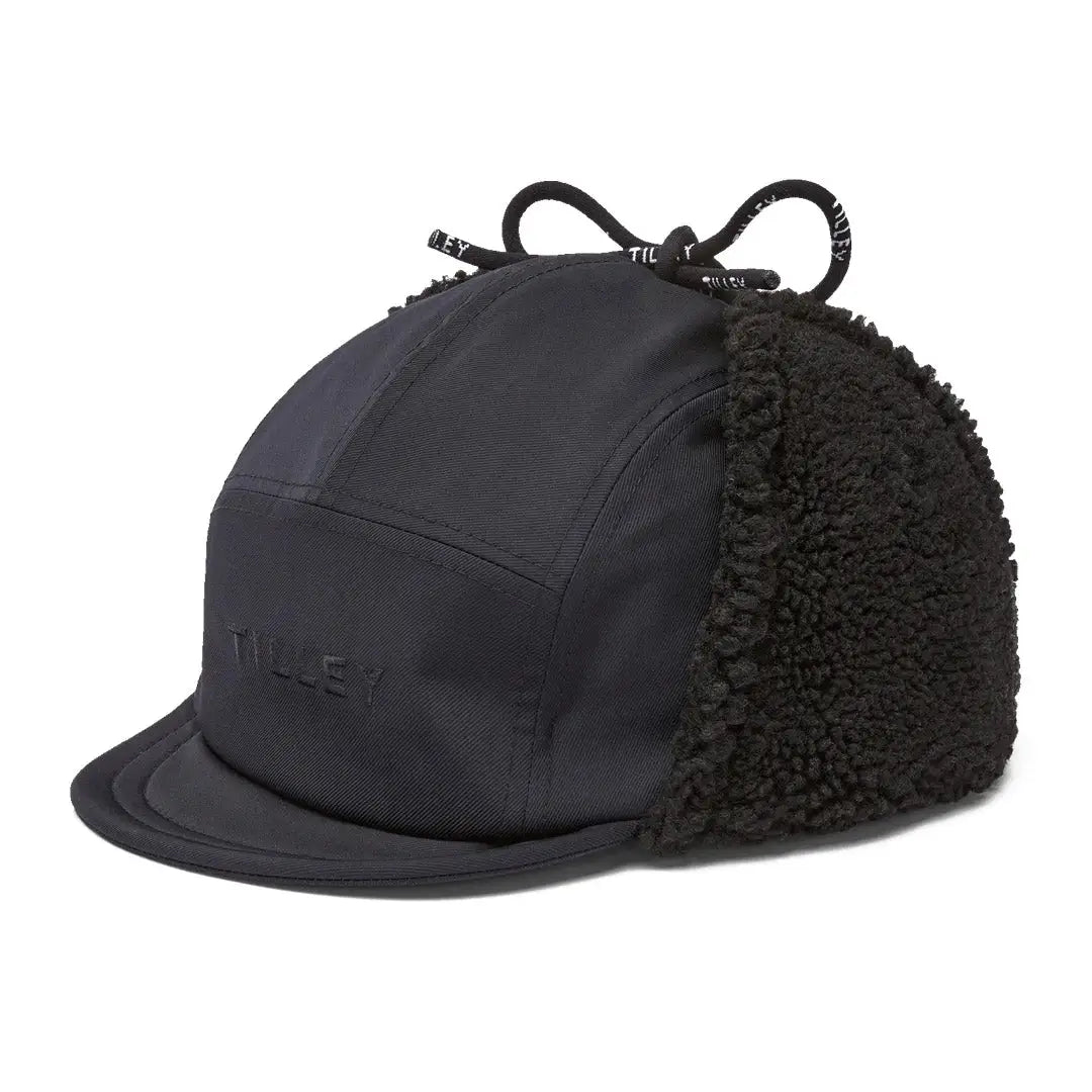 Black Tilley Rove Aviator Hat with ear flaps and short brim for cold weather style