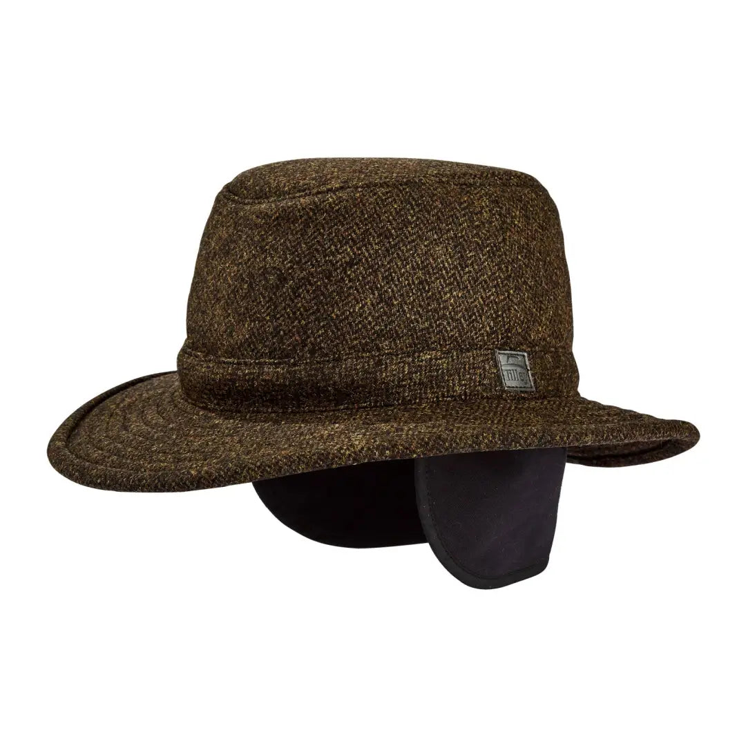 Brown tweed fedora with ear flaps, perfect for style and warmth in the Tilley TTW2 Tec-Wool