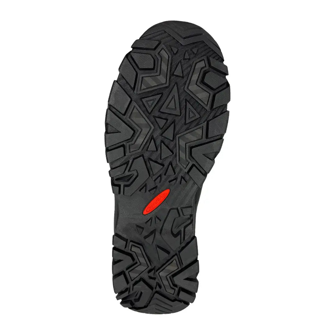 Rugged black rubber sole with deep treads on Treksta Chelsea Mid GTX with red accent