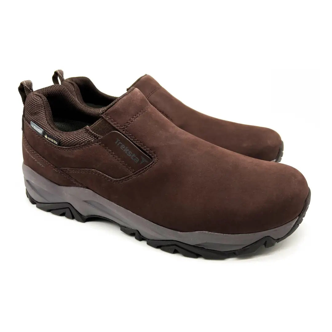 Pair of brown Treksta Plymouth Slip On GTX hiking shoes with rugged soles