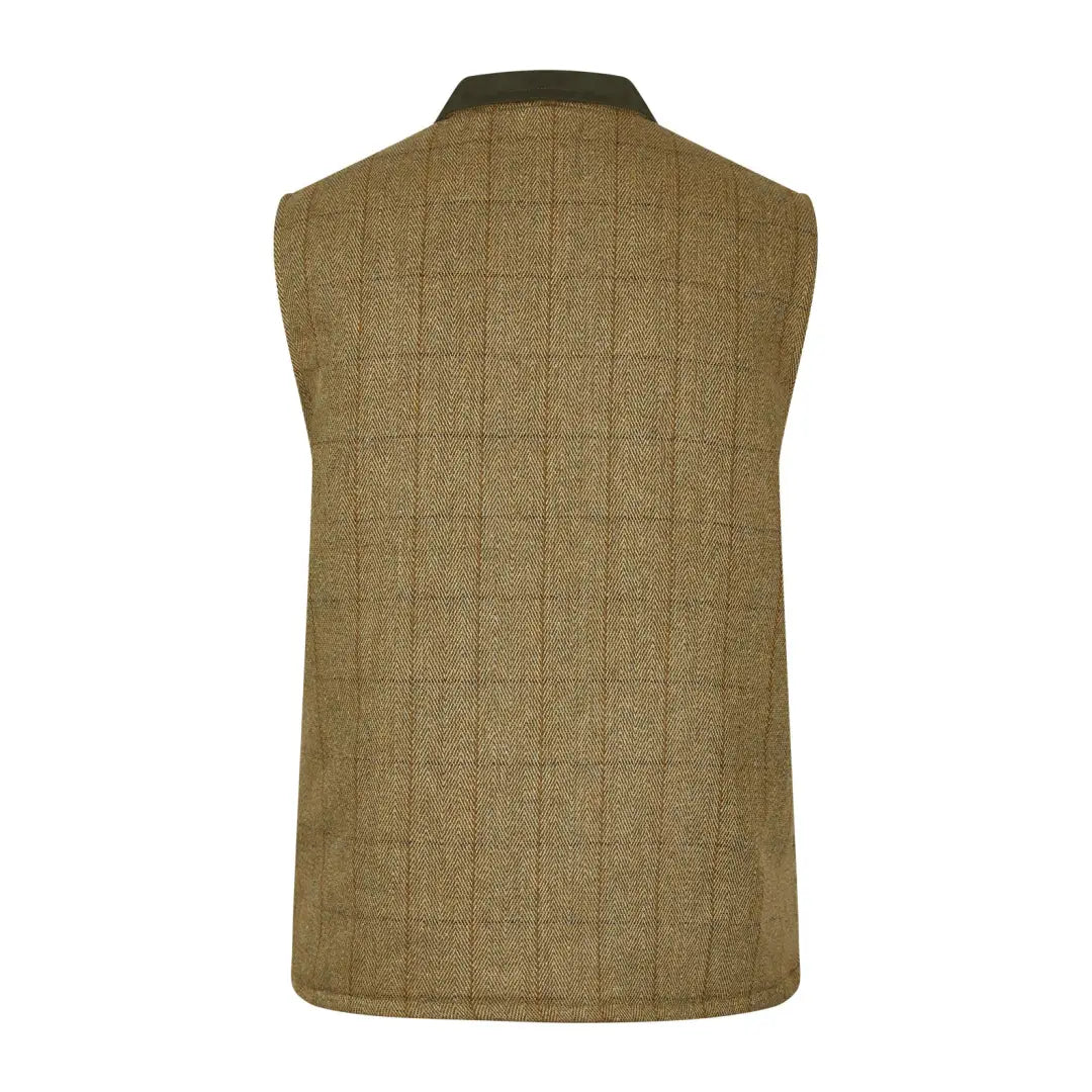 Tan quilted vest with dark collar, the perfect luxurious tweed gilet for any outfit