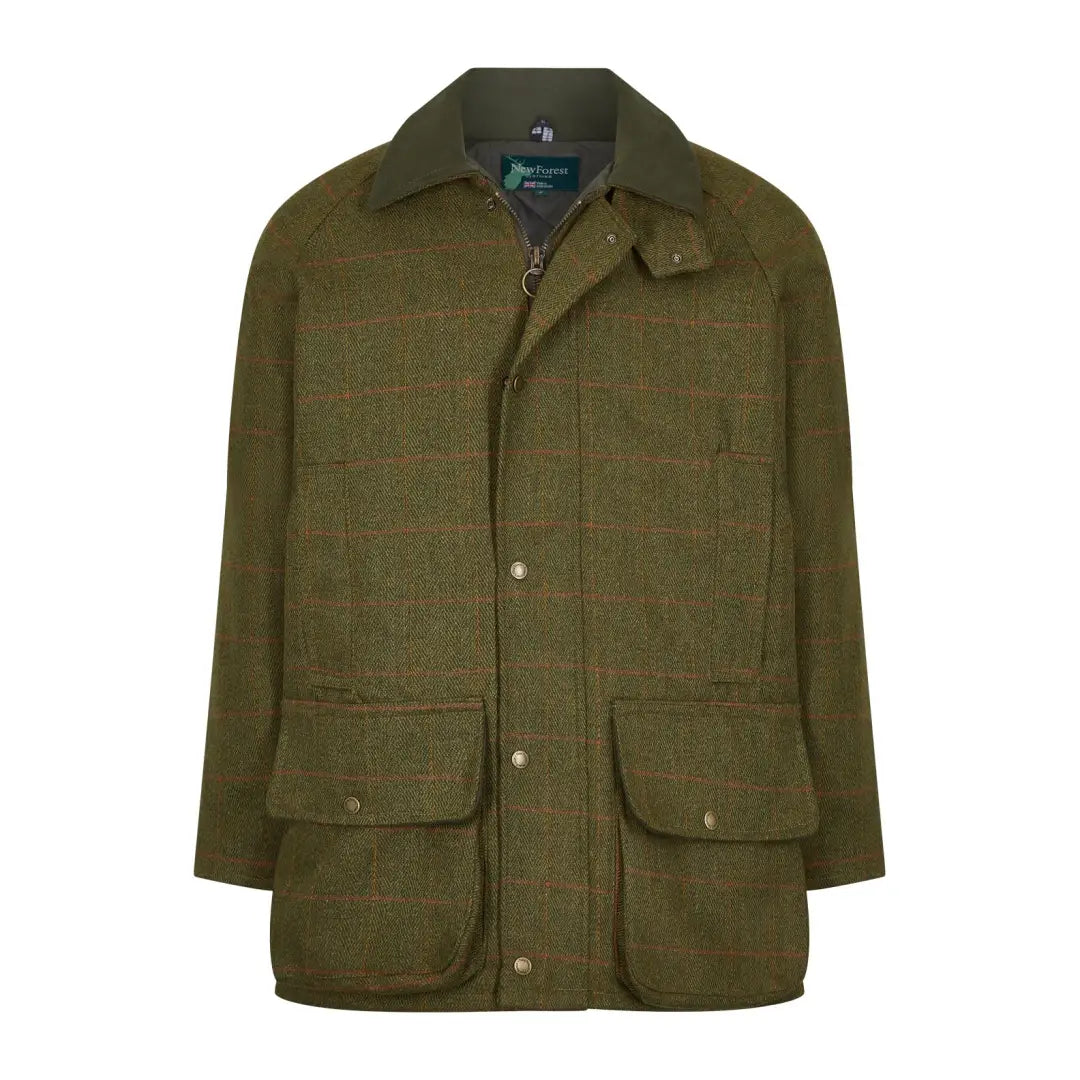 Olive green waxed cotton Tweed Shooting Jacket with brass snaps and pockets