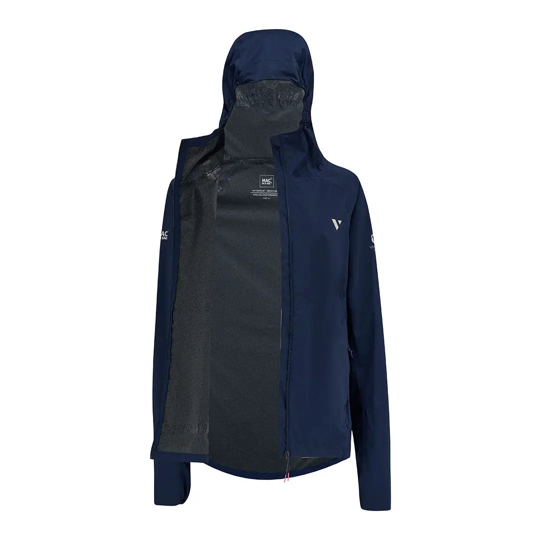 Navy blue Venture Ultralight running jacket with black front panel for ladies’ performance