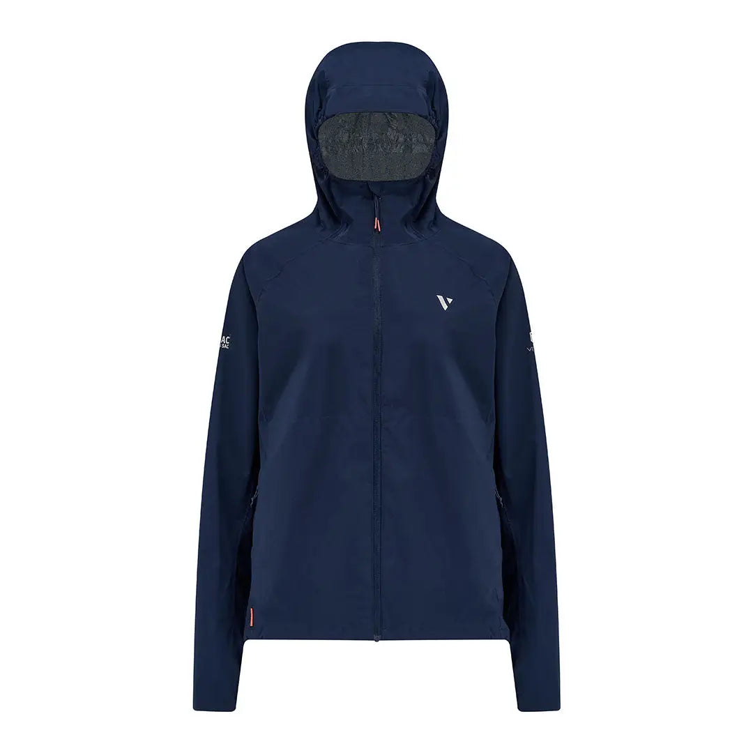 Navy blue Venture Ultralight running jacket with hood and white logo for ladies