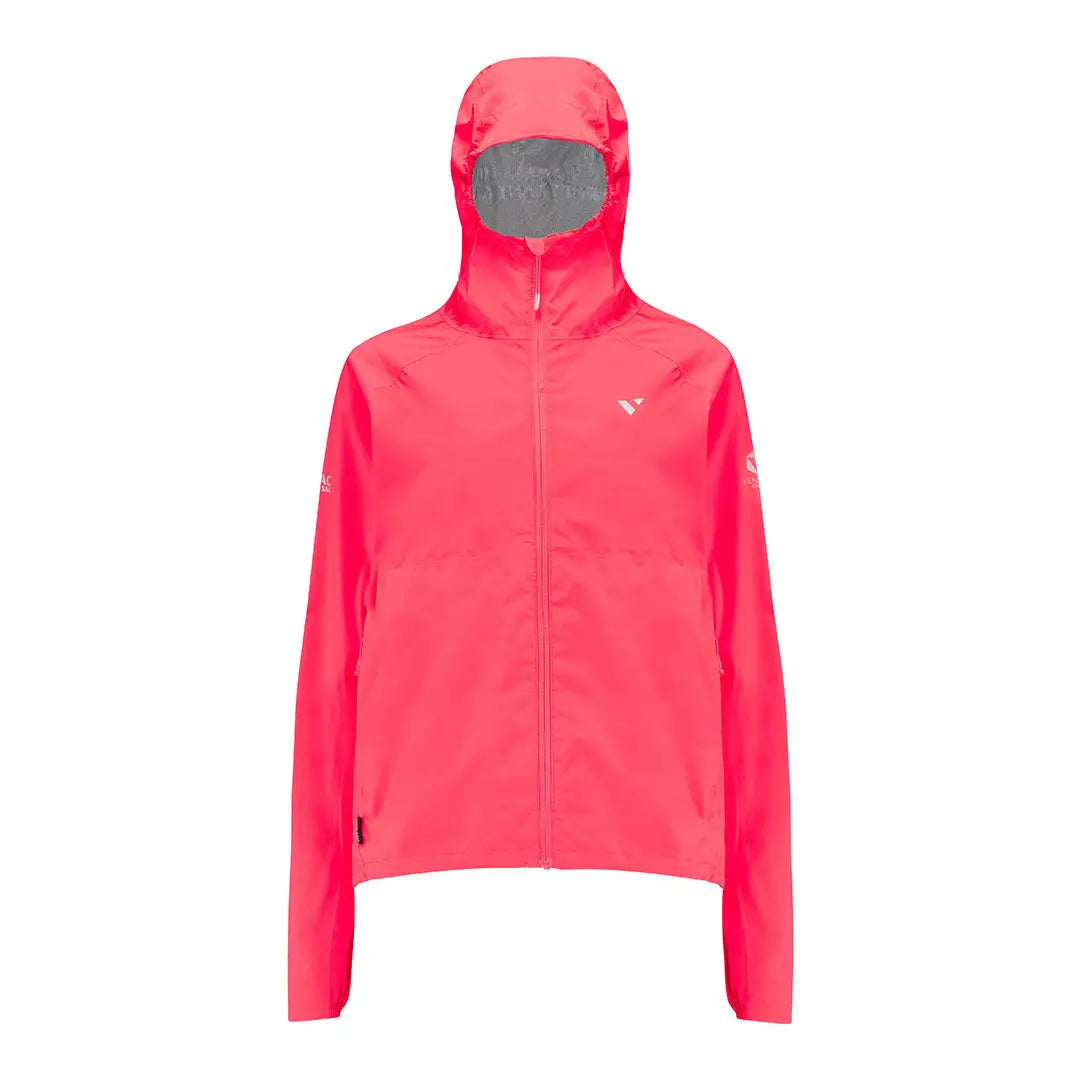 Bright pink Venture Ultralight jacket with a full-length zipper for ladies’ running