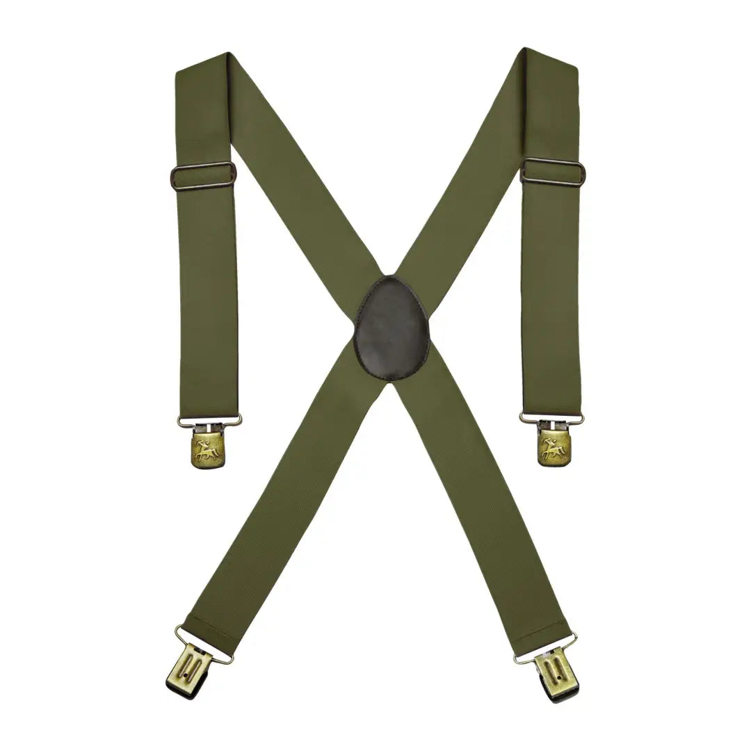 Olive green Verney Carron braces with metal clips and leather crosspiece