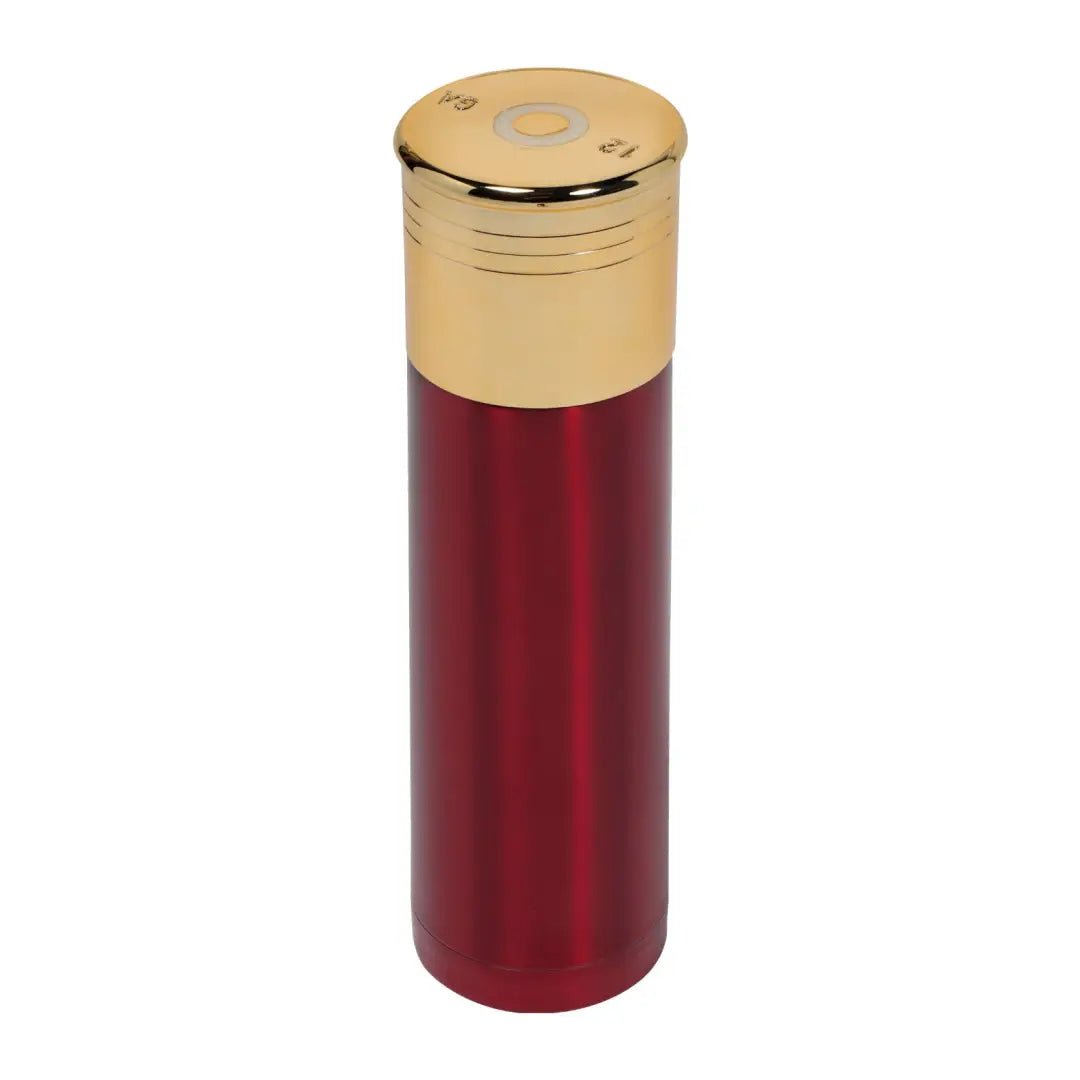 Red Verney Carron Cartridge Thermos Flask shaped like a shotgun shell with gold cap