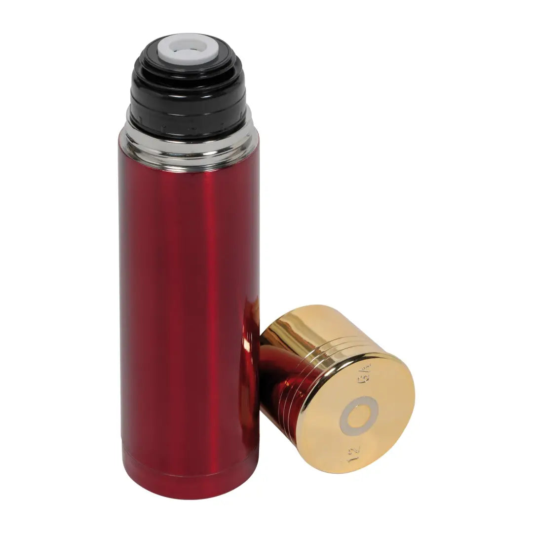 Red metallic Verney Carron Cartridge Thermos Flask with a stylish gold cap