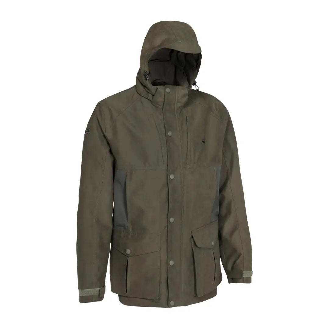 Olive green Verney Carron Falcon Jacket, a flexible waterproof layer with multiple pockets