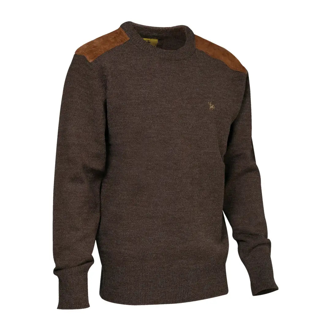 Brown knit Verney Carron Fox Round Neck Pullover with tan shoulder patches