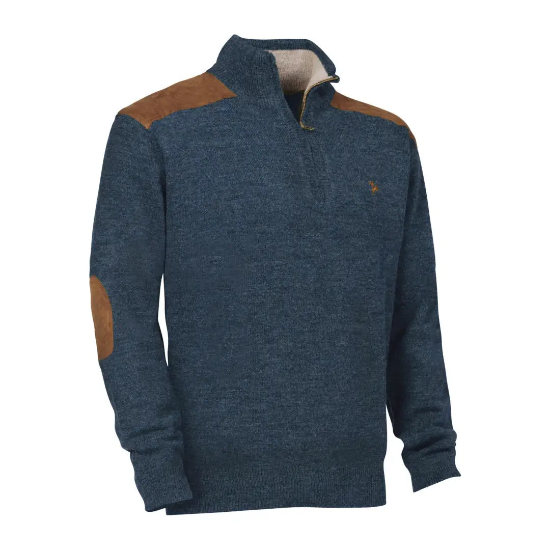 Navy blue Verney Carron Fox pullover with brown elbow patches and quarter-zip collar