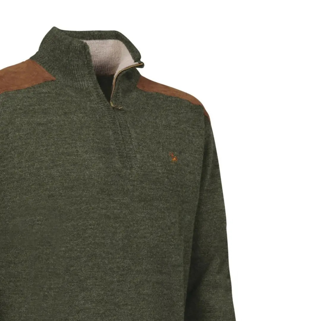 Green Verney Carron Fox Zipped Pullover with brown shoulder patches and zip collar