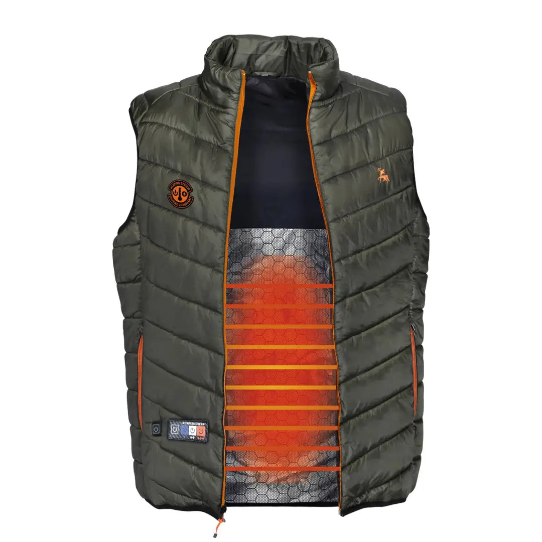 Olive green Verney Carron Heat Vest with orange accents and built-in heating elements