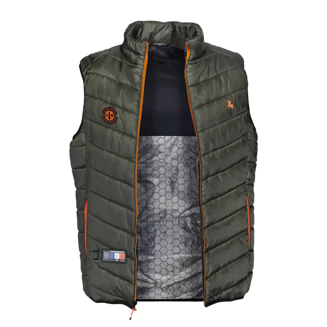 Olive green Verney Carron Heat Vest with cool orange zipper and trim details