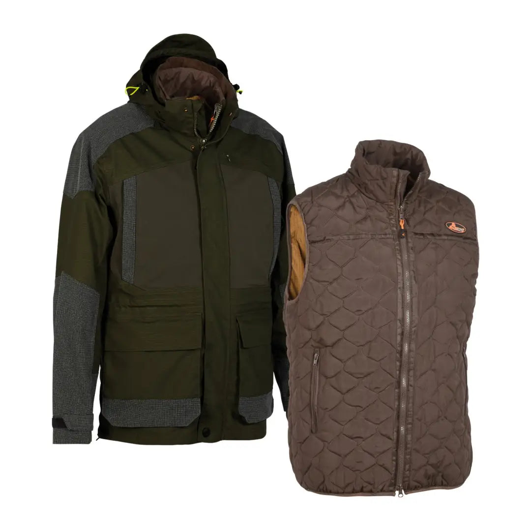 Two outdoor jackets: dark green hooded and brown quilted vest from Verney Carron Ibex