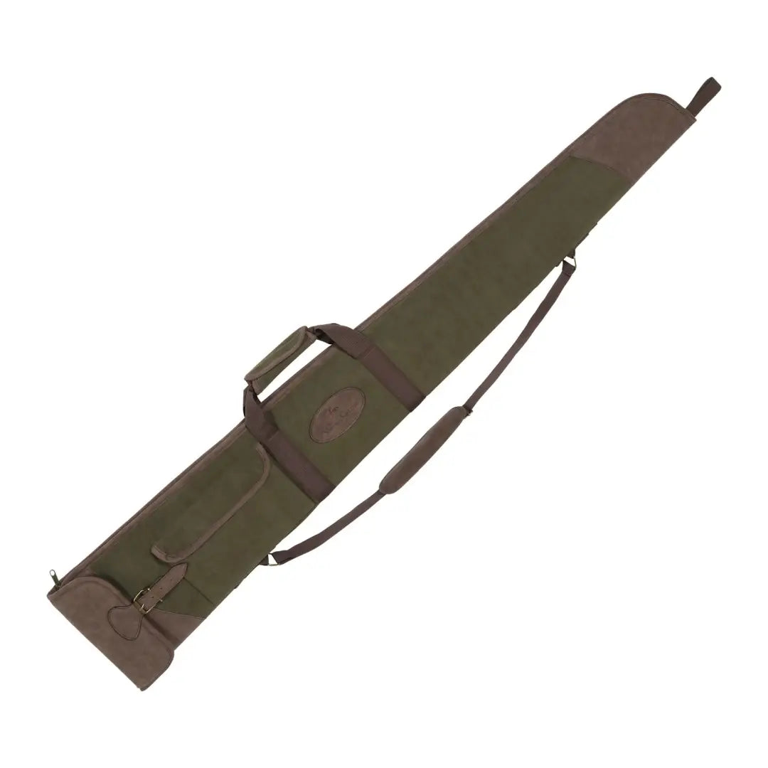 Olive green Verney Carron Perdrix shotgun slip with shoulder strap and handle