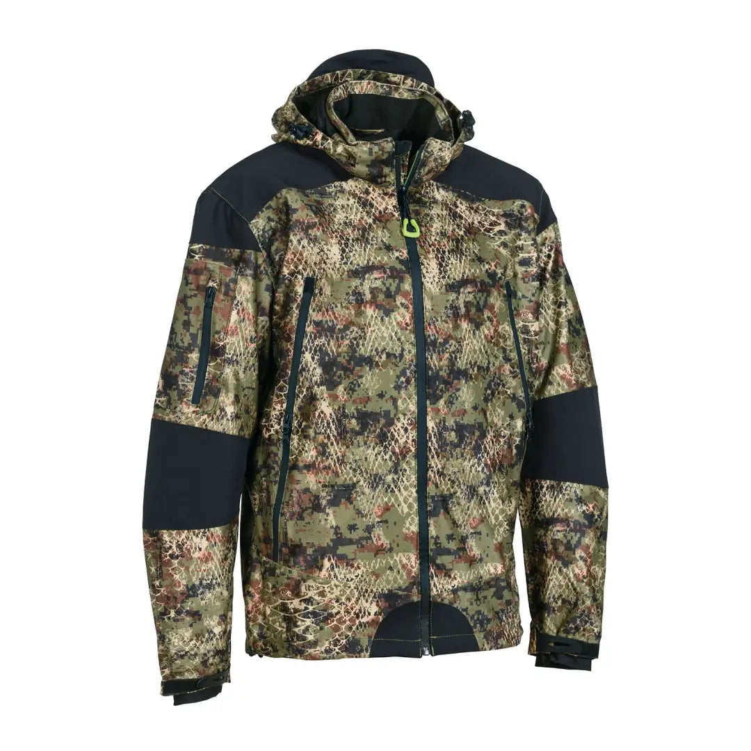 Camouflage Verney Carron Puma Jacket with black panels and a cozy hood